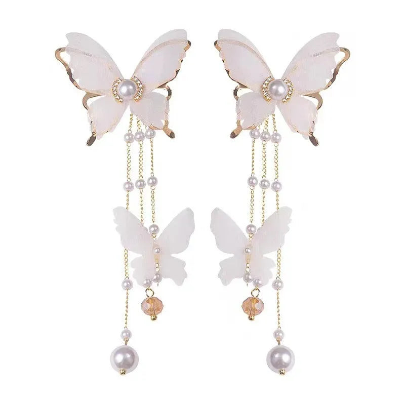 White butterfly earrings with tassel lace pearl rhinestone design on copper alloy