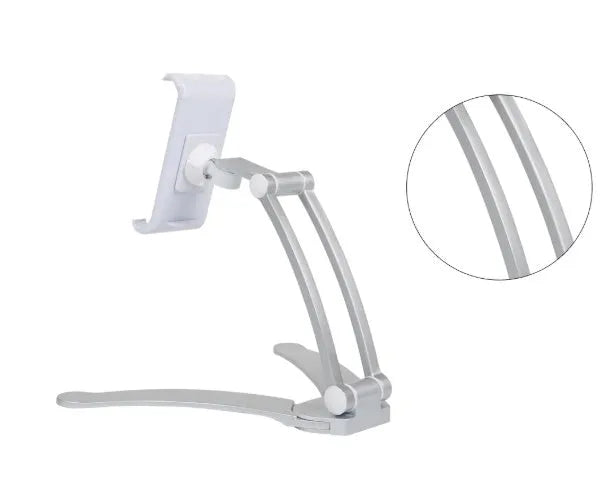 Silver aluminium desktop tablet stand with adjustable angle and folding clamp holding a tablet.