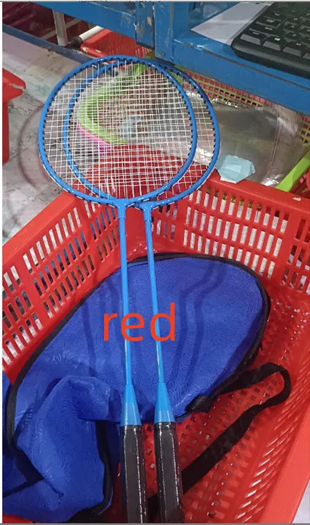 Ultra-light alloy badminton racket pair in blue and red colours for recreational play
