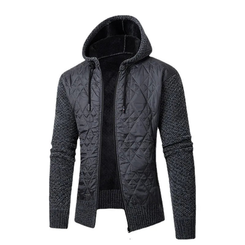 Men's grey hooded sweater coat in wool and corduroy with cinched cardigan style for winter