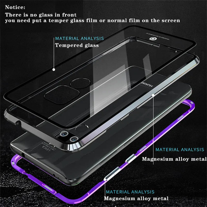 Magnetic Huawei phone case with metal frame and clear tempered glass back