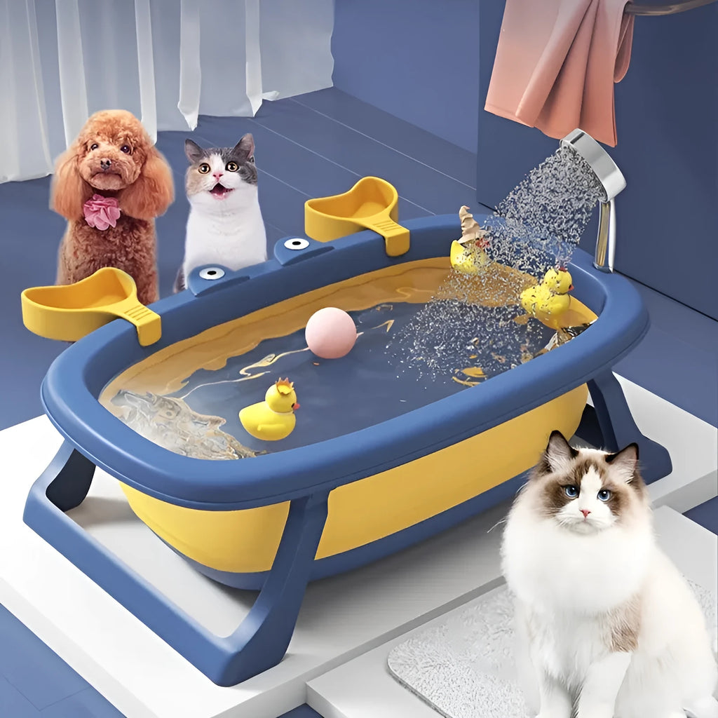Blue foldable portable pet tub set up for washing a small dog, showing its collapsible metal frame.