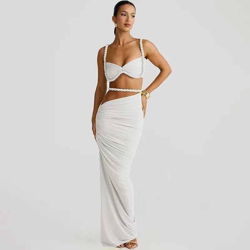 Women's braided bikini swimsuit three-piece set in solid colour polyester, front view