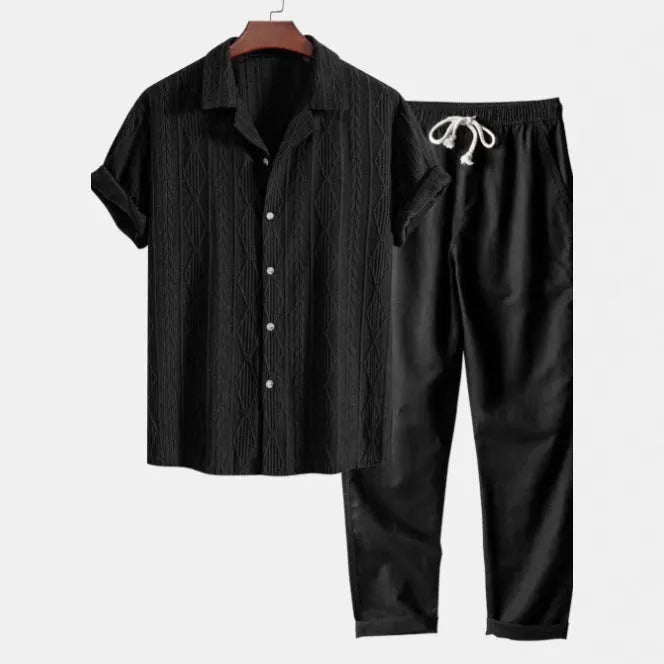 Men's slim fit camouflage print linen shirt and trousers casual set.