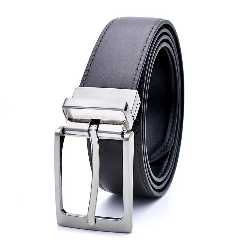 Men's brown and black casual leather belt with rotating pin buckle showing alloy fastener and two-layer cowhide construction