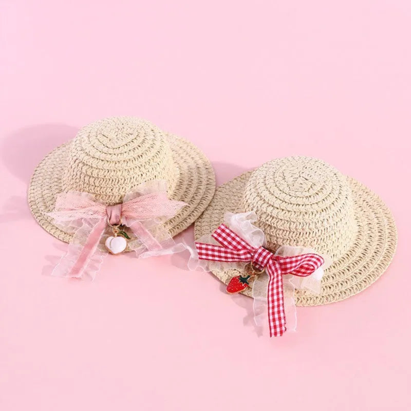 Handmade adjustable paper pet hat with a bowknot for a dog or cat, shown in a cartoon style.