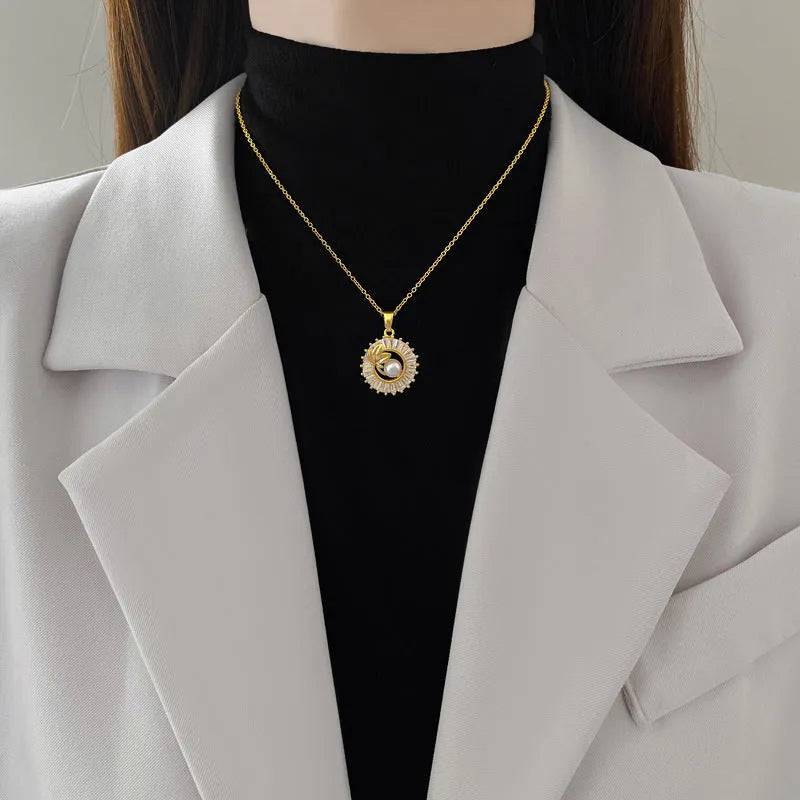 Women's geometric square full diamond round ring leaves design necklace and earrings set in titanium steel and copper.