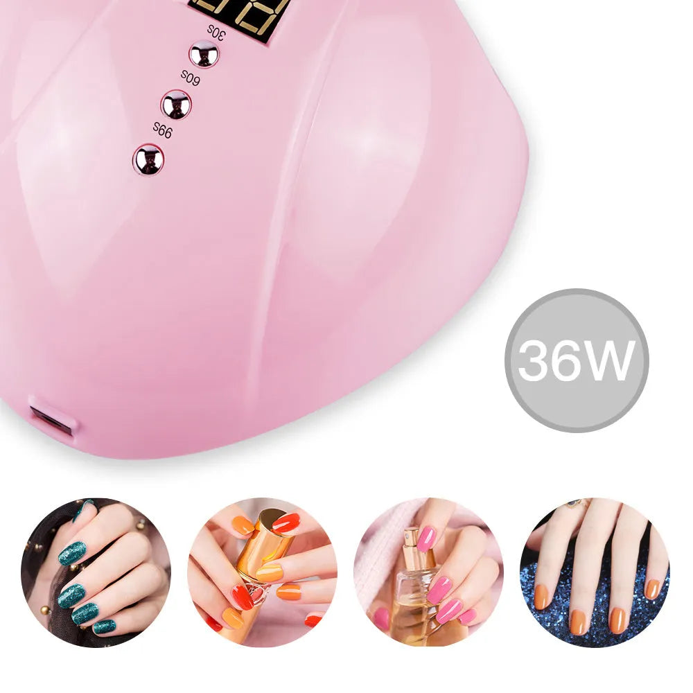Intelligent induction nail lamp 36W with 12 LED beads, pink finish, showing auto-sensor curing chamber