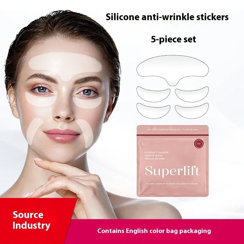 Set of five flexible silicone anti-wrinkle face stickers for wrinkle reduction