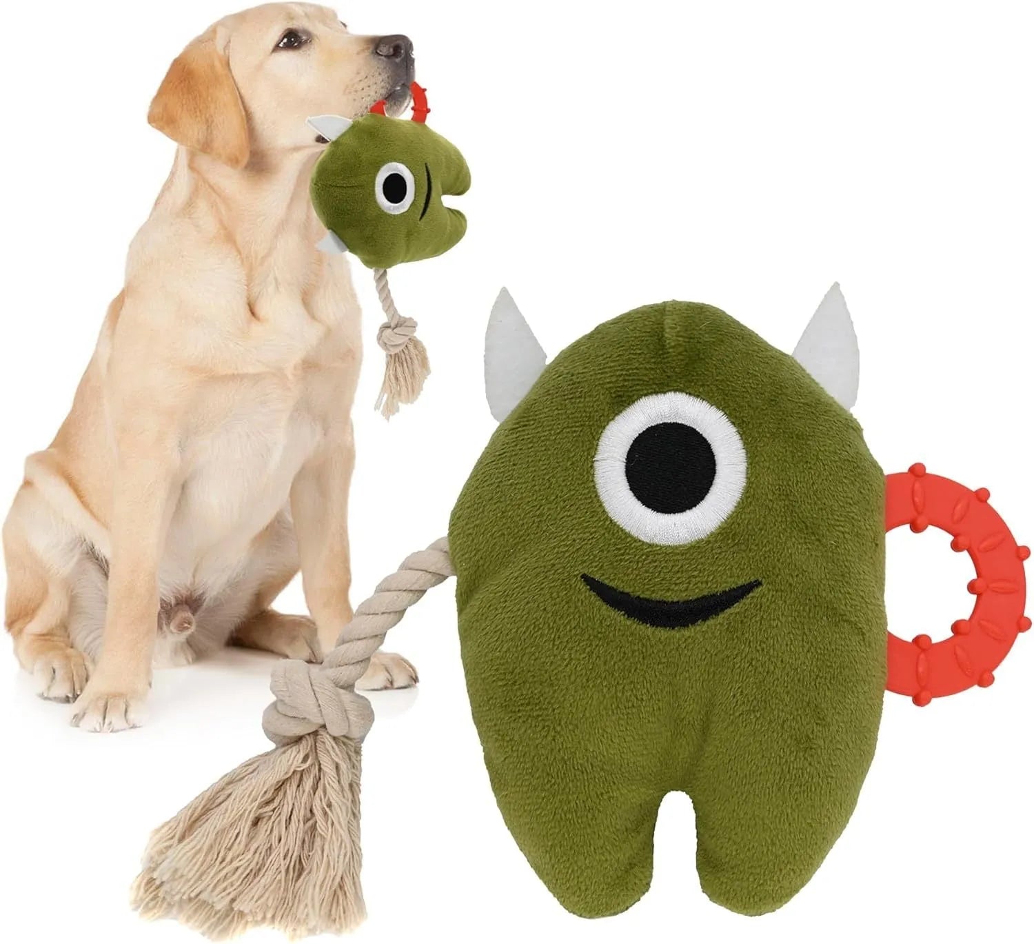 Blue and green plush dog toy with cotton rope segments and squeaker for chewing and tugging