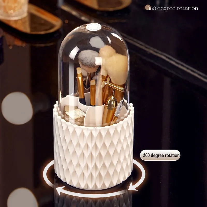 White rotating acrylic makeup brush storage box with transparent walls and dustproof lid