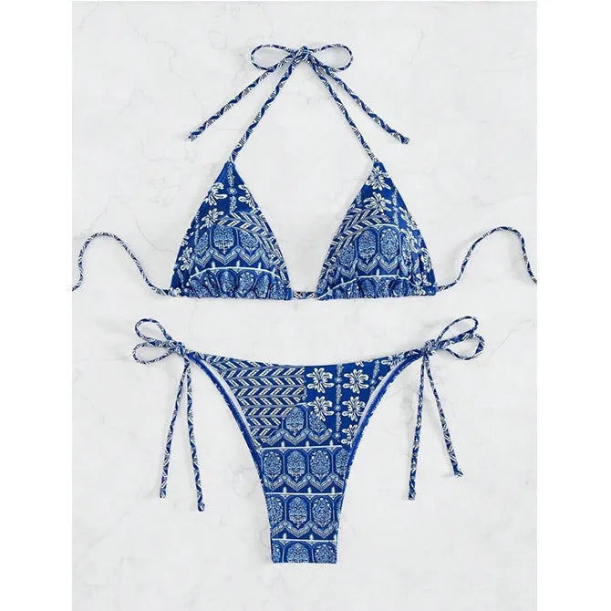 Women's split bikini swimsuit with bandage stitching in polyester material