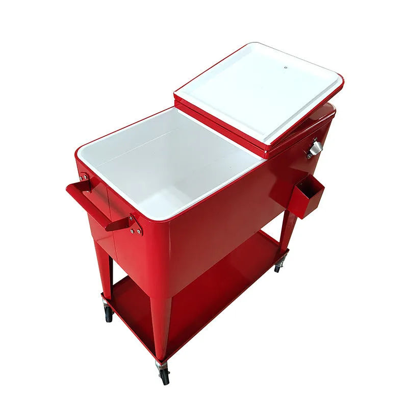 Red outdoor metal insulated trolley with 750ml capacity for picnics.