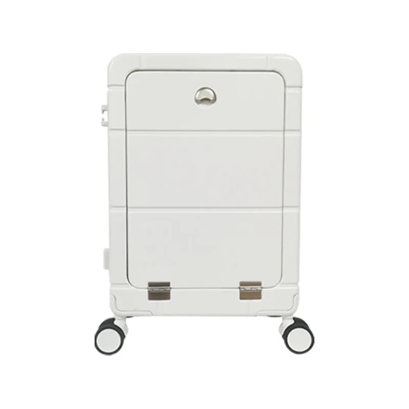 20-inch front opening suitcase in titanium silver colour with wet-dry separation compartments and universal wheels.