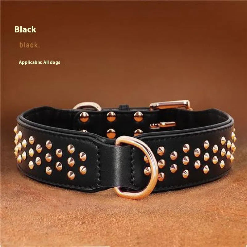 Leather dog collar with metal rivets in black, chocolate, or pink for large breed training