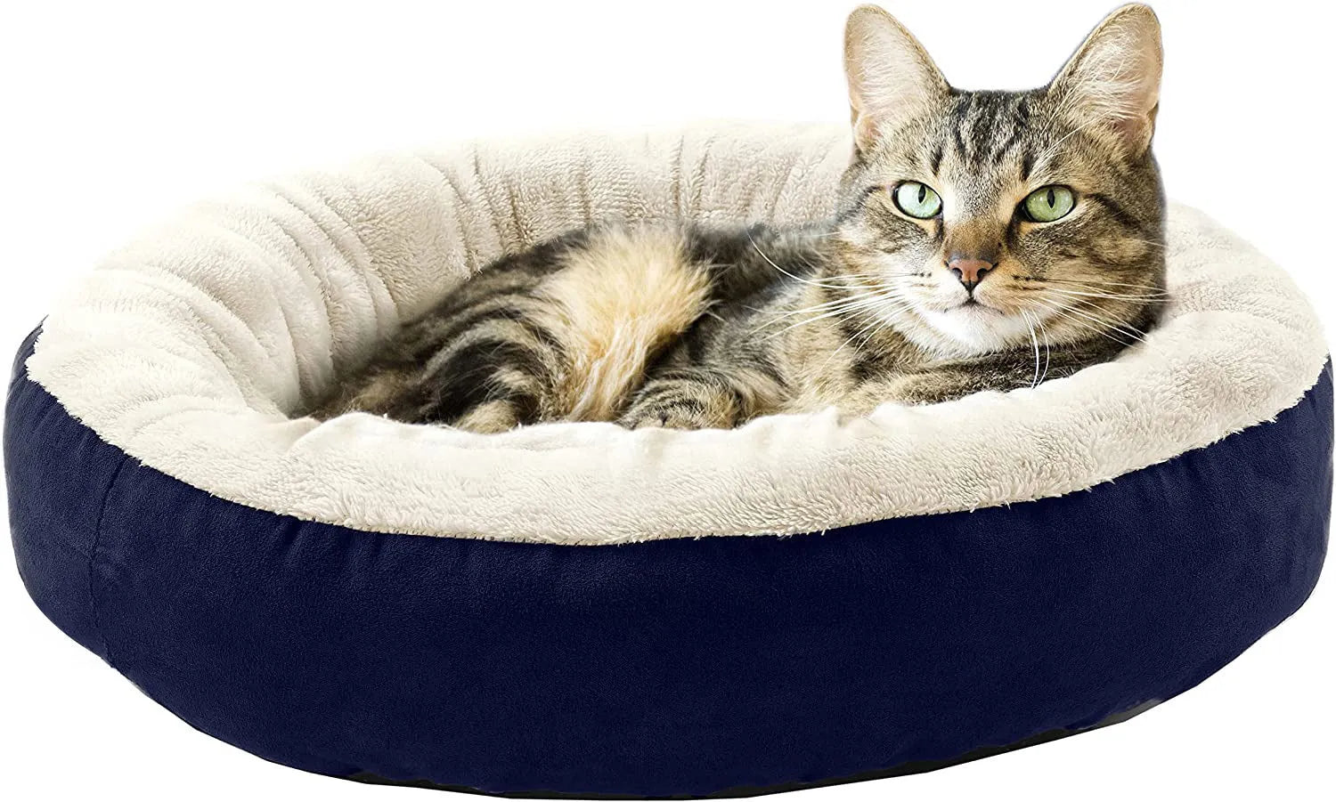 Circular warm soft pet nest dog bed in gray cloth with raised rim, size S, on a wooden floor