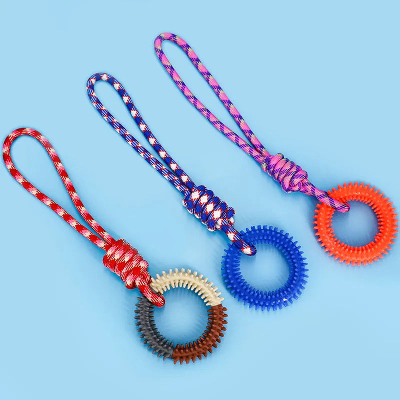 Braided cotton rope dog toy with knotted design in multiple colours, measuring 43cm long