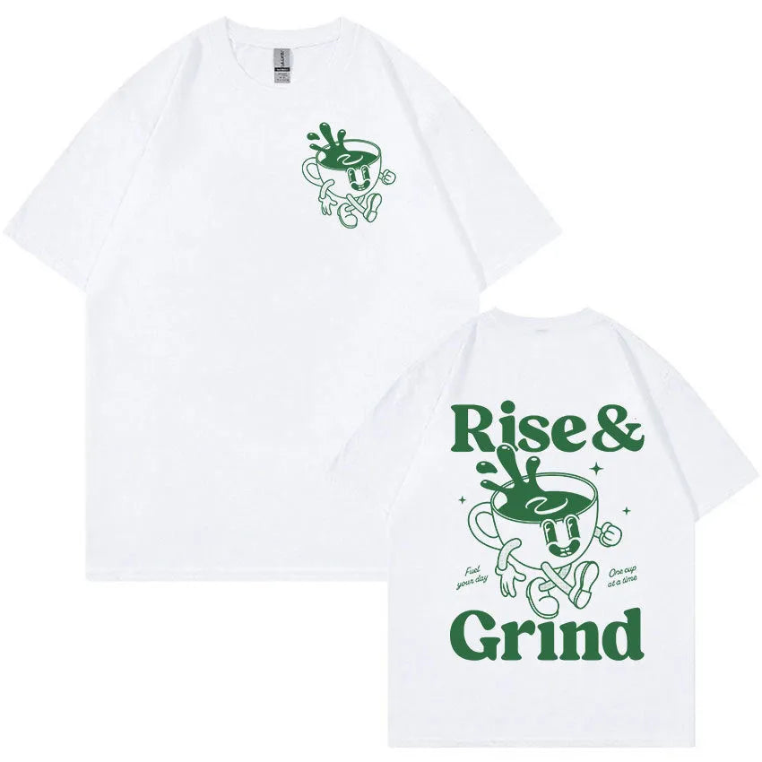 Loose fit linen t-shirt with Rise And Grind text and cartoon coffee graphic