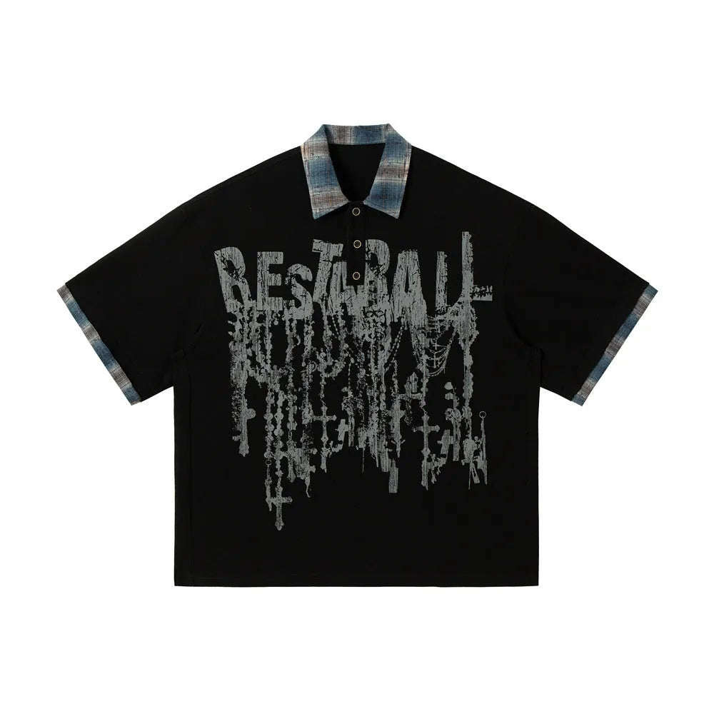 Men's loose fit cotton short-sleeved top with asymmetric graffiti print in blue or red