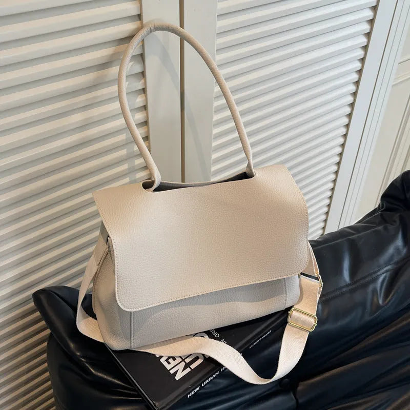 Vintage casual PU leather tote bag in horizontal square shape with double shoulder straps