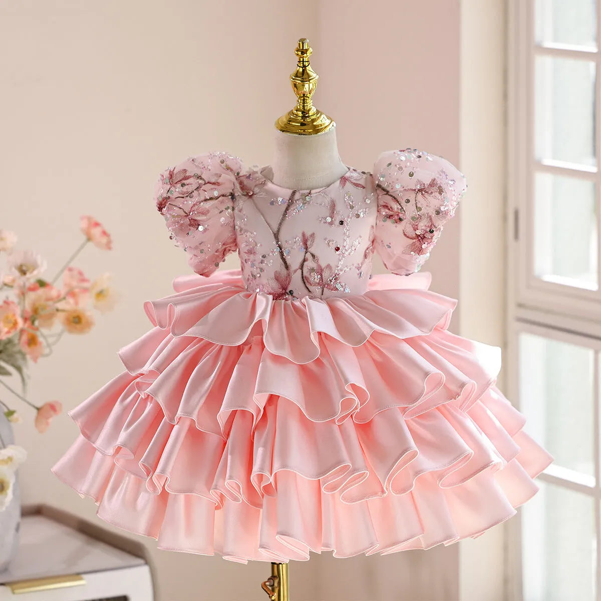 Pink polyester princess dress for baby girl Zhuazhou ceremony light luxury pettiskirt