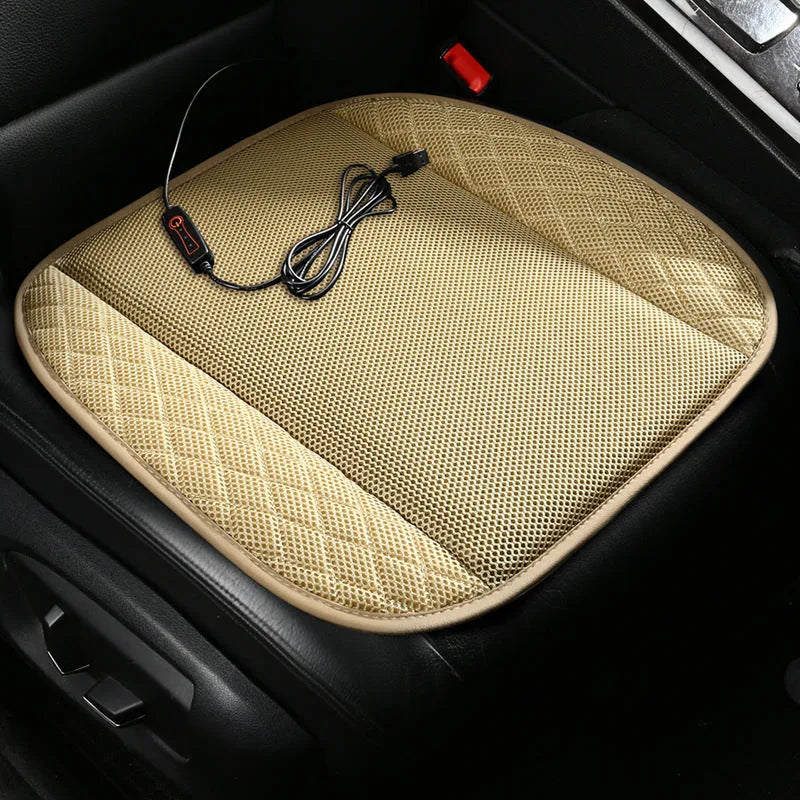 USB ventilated car seat cushion with suede cover in multiple colours, showing fan vents and USB cable.