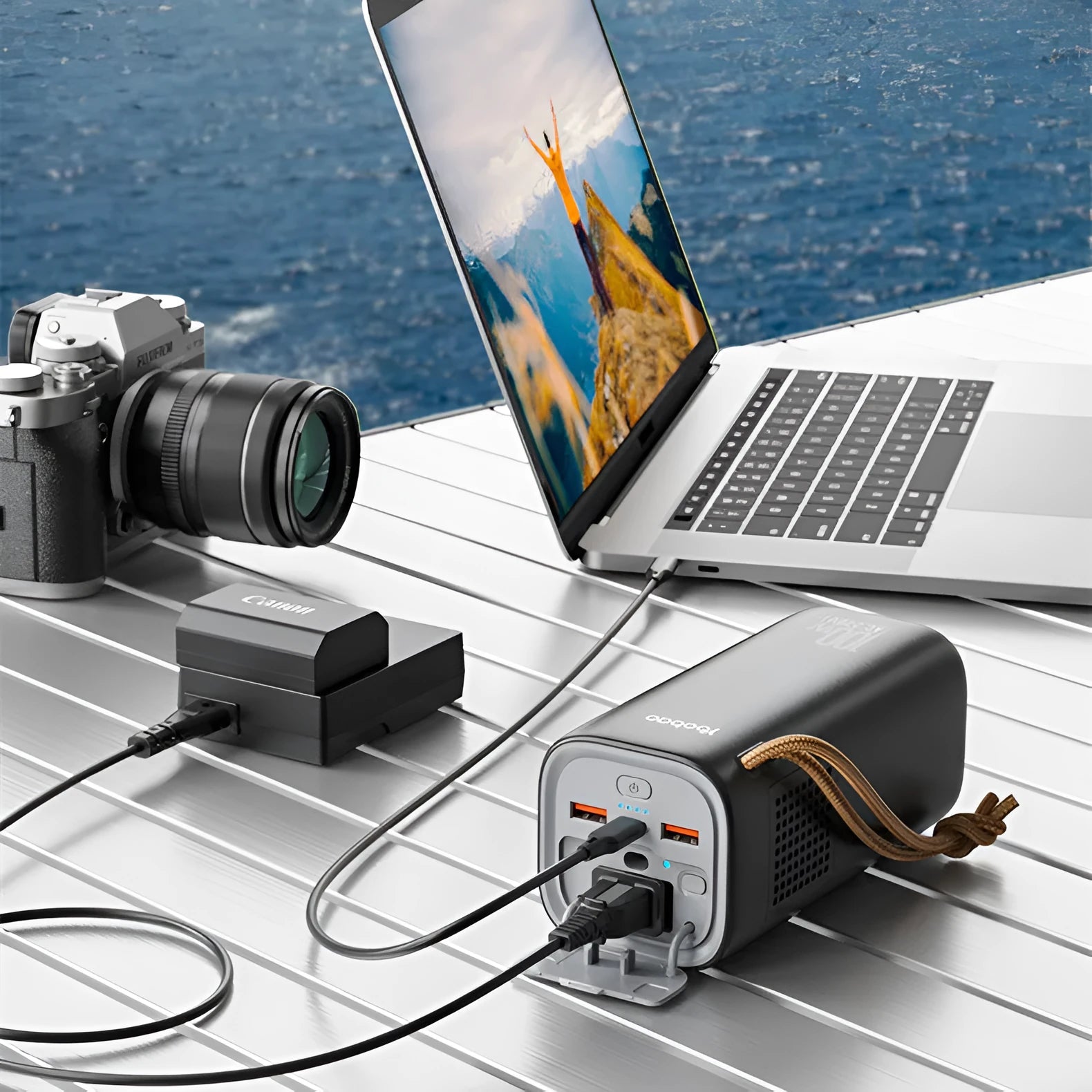 Black emergency power bank with solar panel, 200W output, and compact 70x70x162mm dimensions