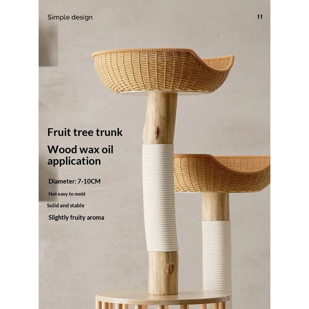 Solid wood cat climbing frame with rubberwood board, straight-grained pine trunk, and curved sisal-covered fruit tree trunk cat bed all-in-one