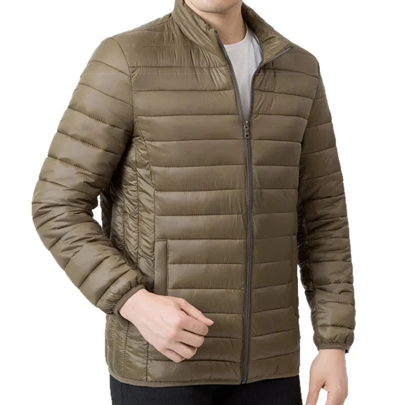 Men's stand collar winter coat in solid colour with zippered pockets, nylon fabric, 65cm length
