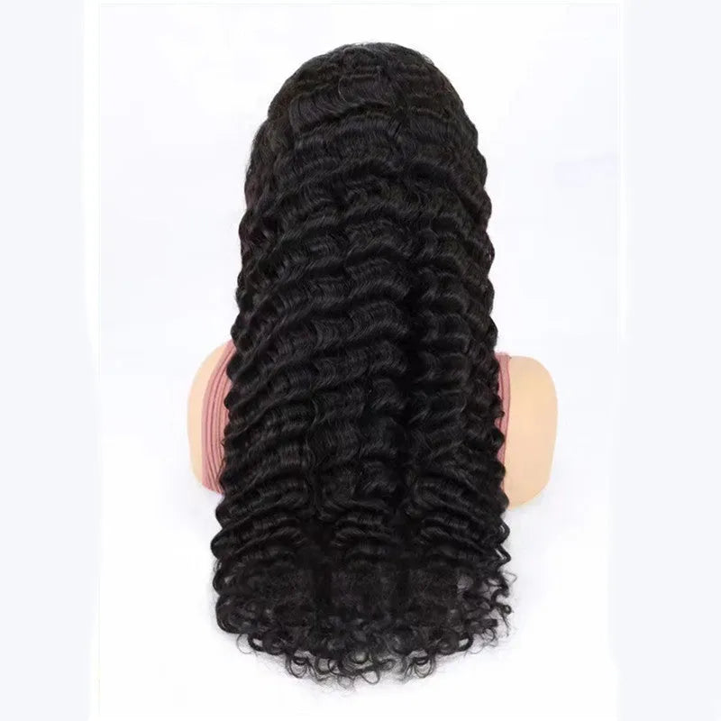 Solid colour human hair half lace front wig displayed on a stand, showing natural hairline.