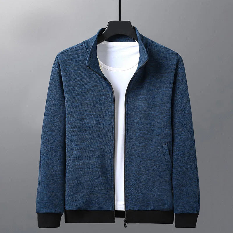 Men's casual athletic jacket with stand-up collar, zipper front, chemical fibre blend, black colour option