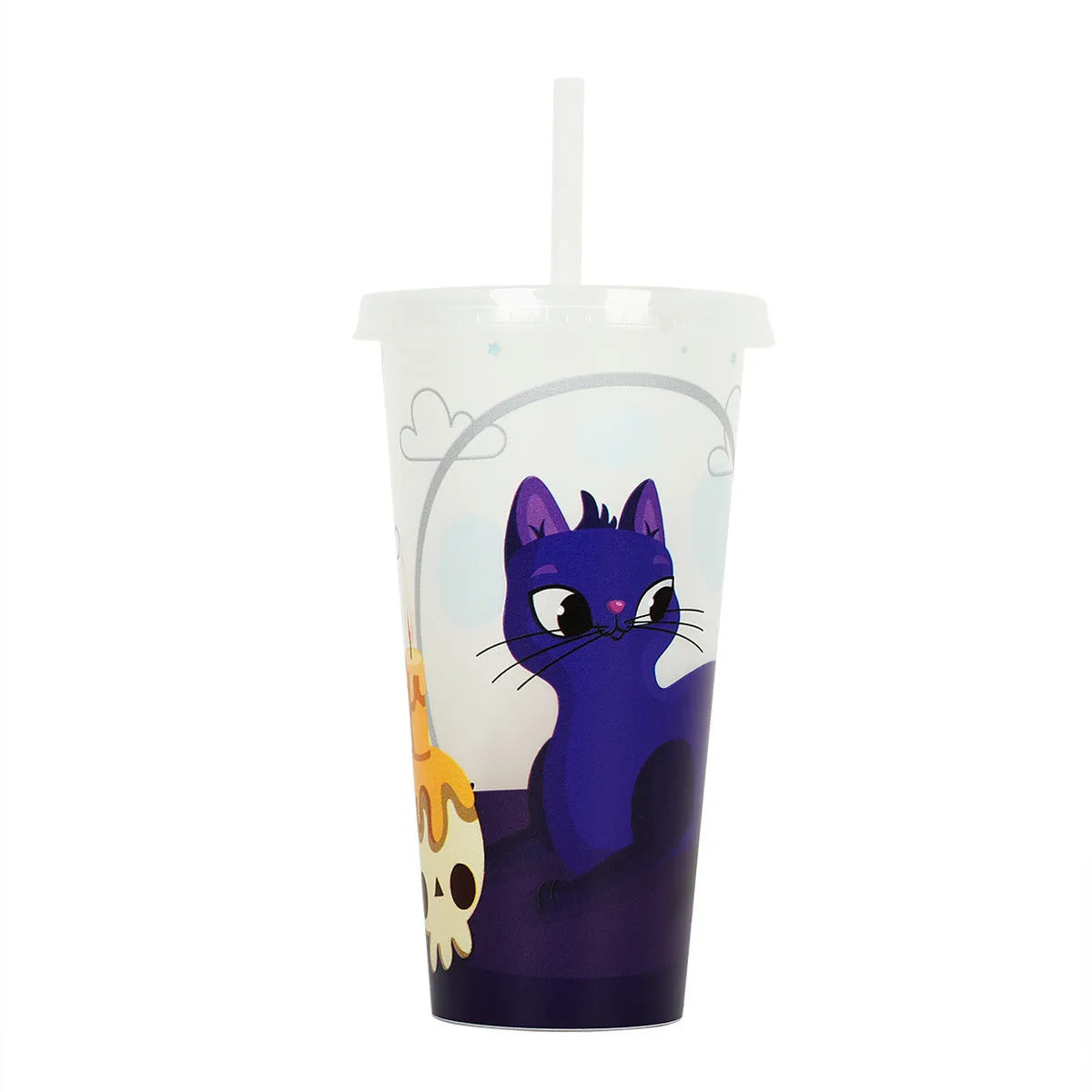 A 720ml cylindrical plastic cup with a luminous straw, shown in various colours for Halloween.