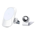 Magnetic car wireless charging stand with phone attached, showing both air vent and centre console mounting options