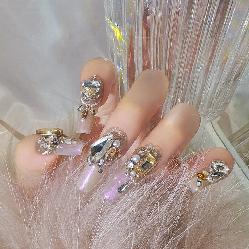 Luxury rhinestone false nail patches with flash style designs for women, S number size