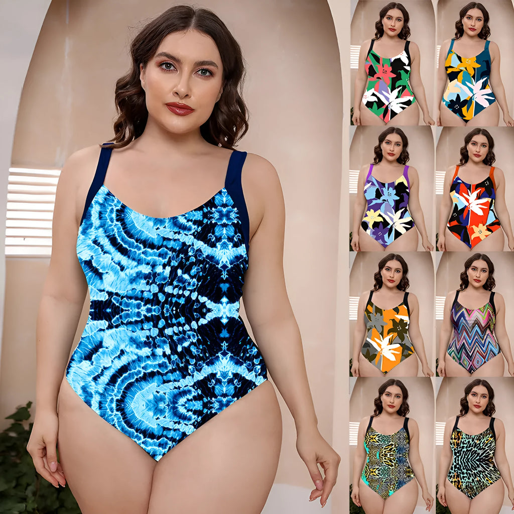 Floral print one-piece swimsuit with spaghetti straps and a conservative vest-style top.