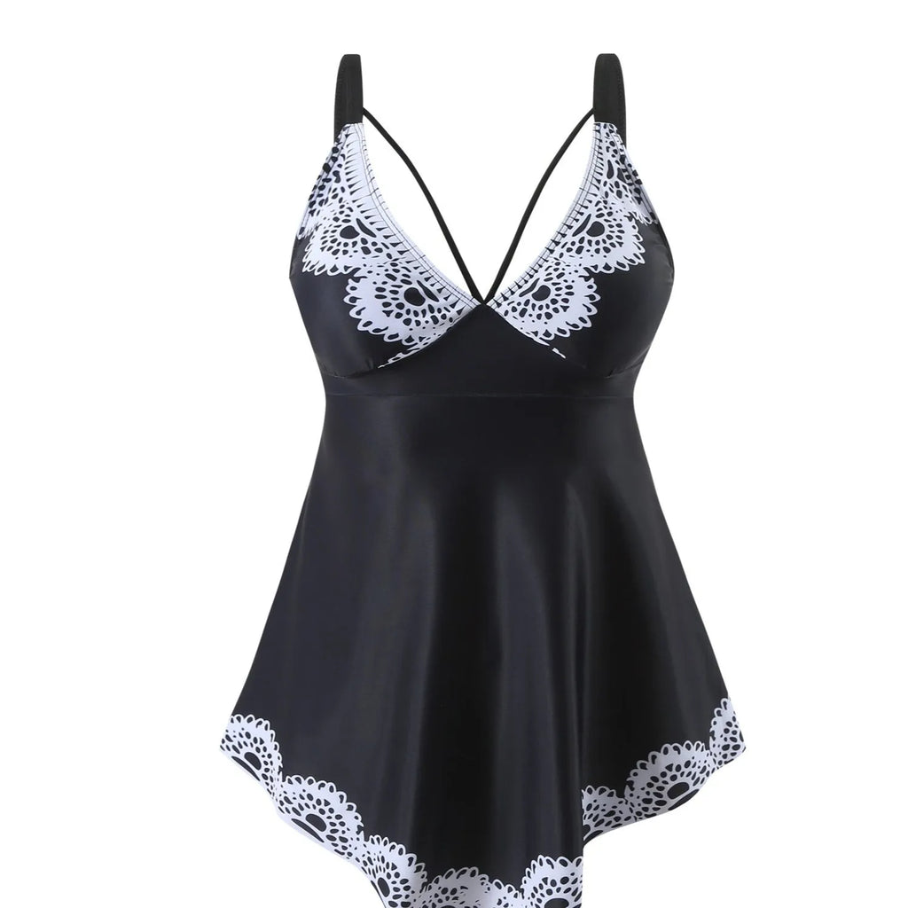Plus size women's two-piece bikini swimsuit in quick-dry polyester fabric, backless design.