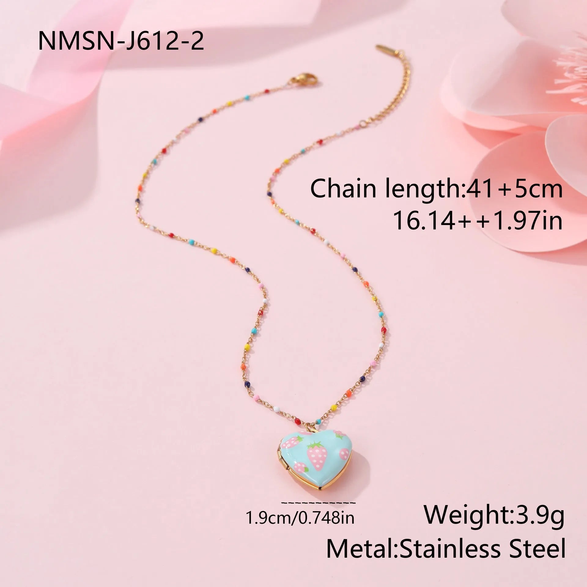 Gold-plated stainless steel necklace with heart-shaped fruit pendant on an adjustable chain.