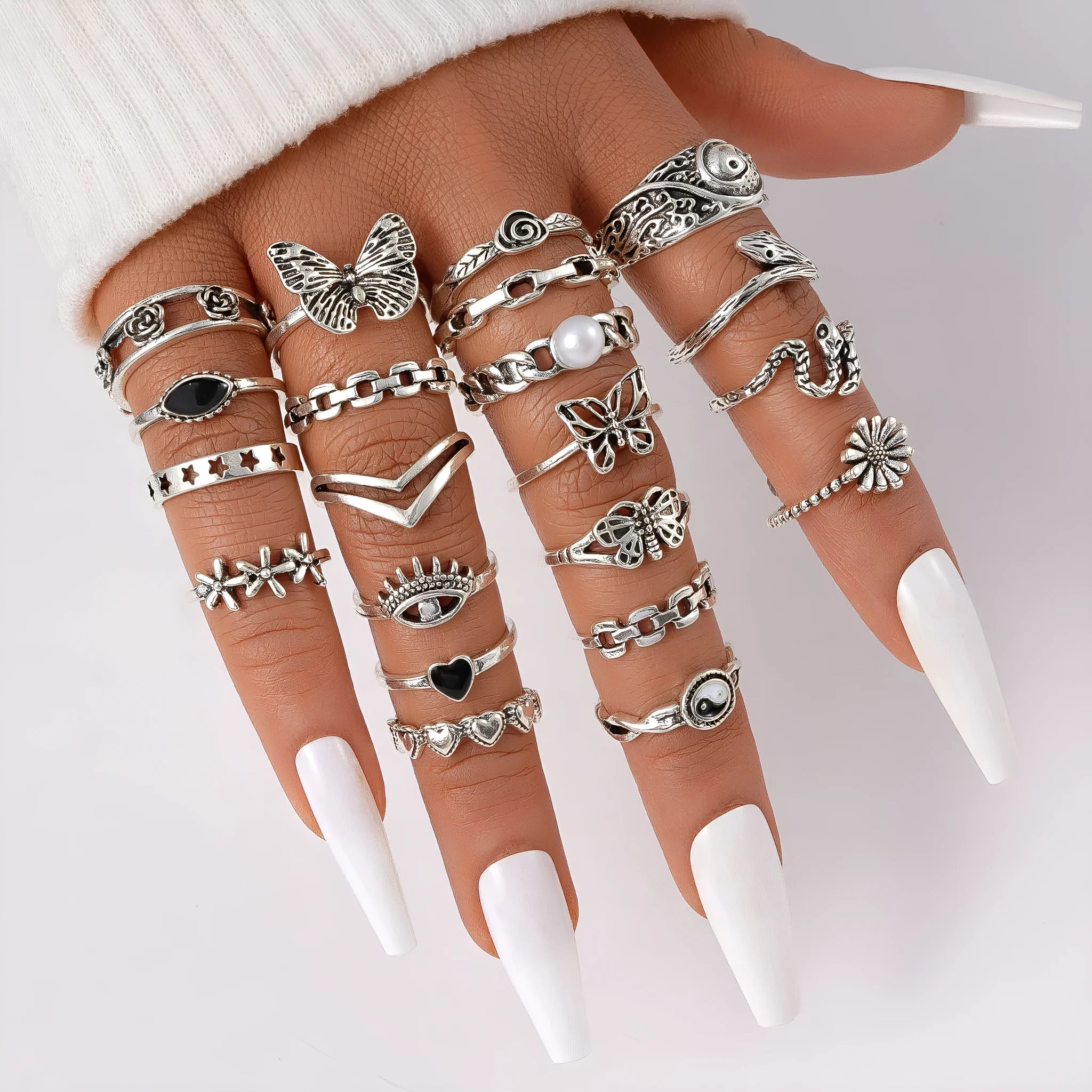 Alloy women's ring set butterfly love motifs silver tone floral geometric shape
