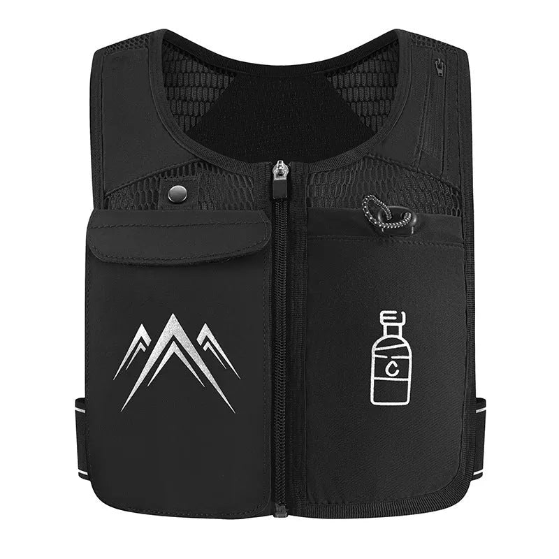 Black breathable mesh running vest with front phone pocket and optional shoulder hydration flask.