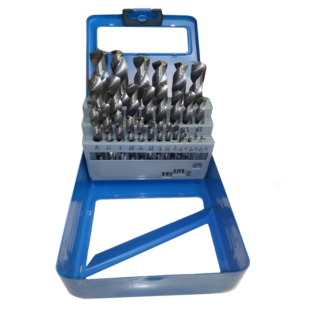 19-piece set of titanium-coated twist drill bits in an iron storage box