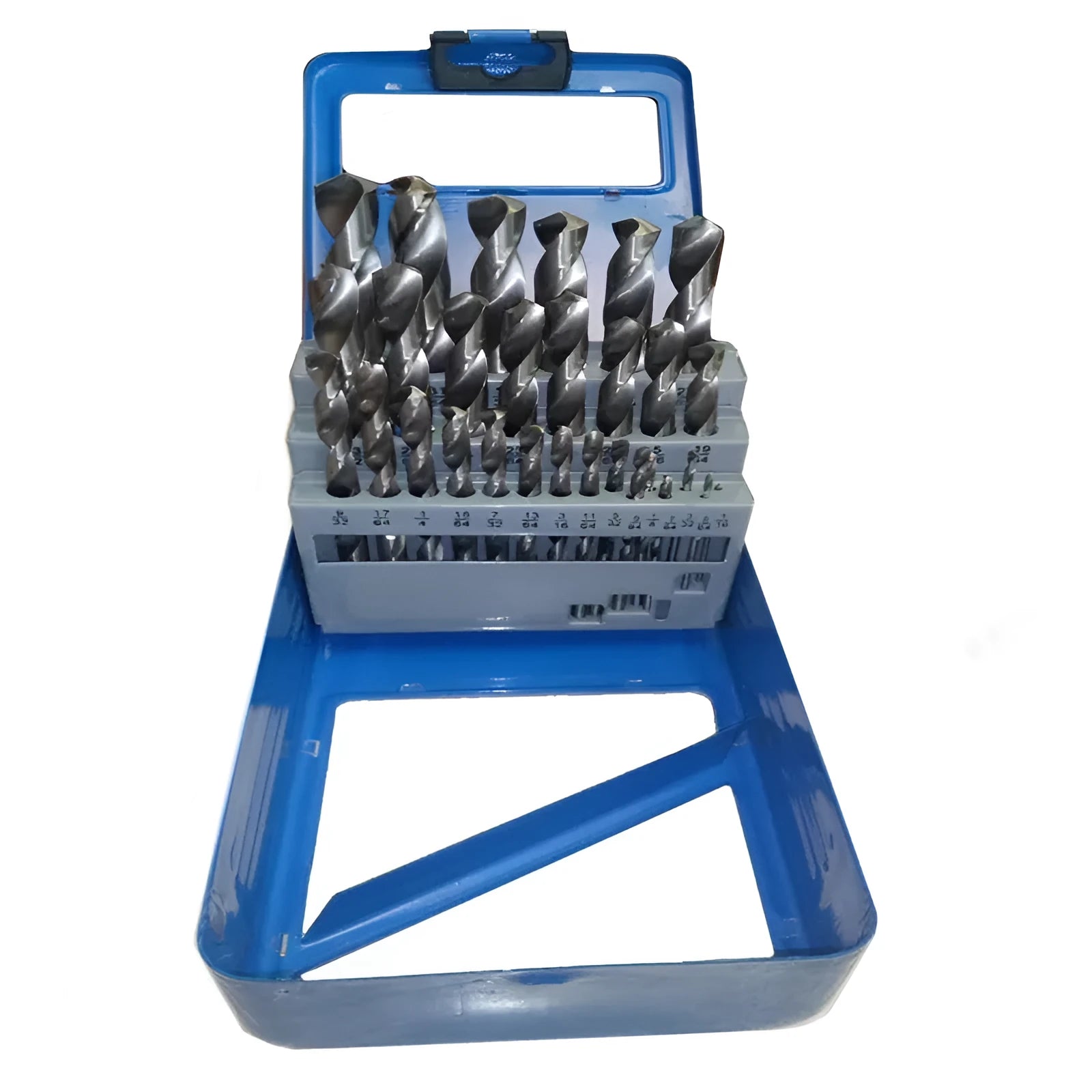 19-piece set of titanium-coated twist drill bits in an iron storage box