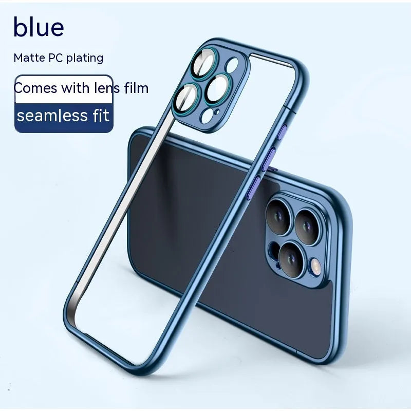 Matte electroplating frame phone case for iPhone 15 Pro Max in titanium gray with glass lens protector
