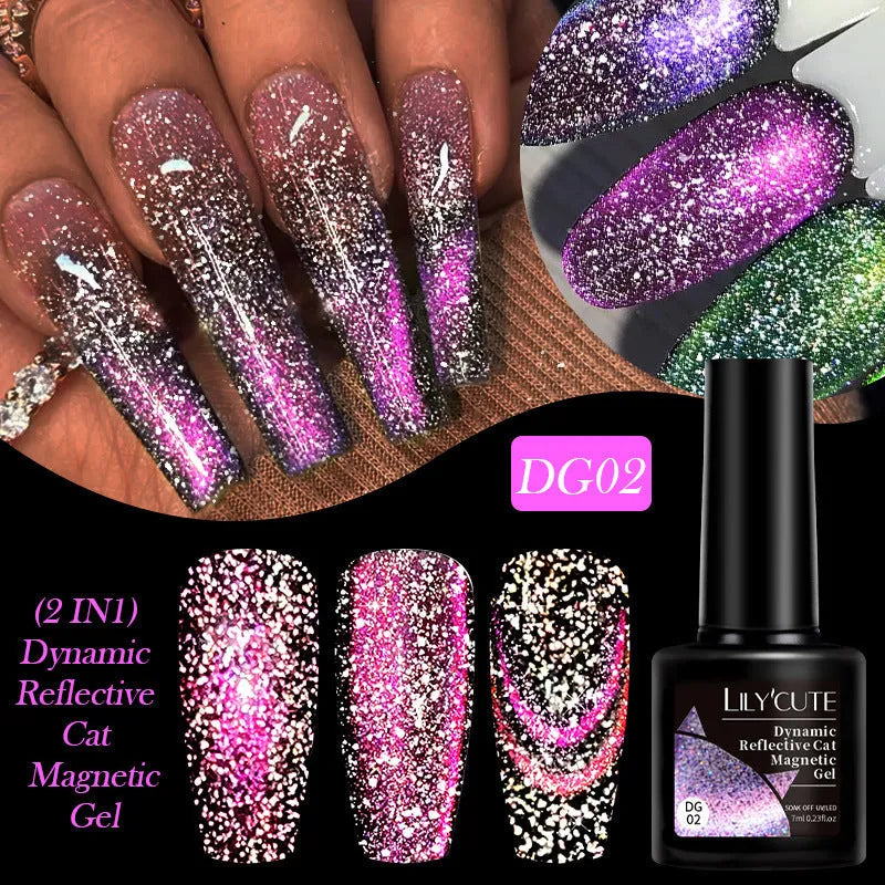 Diamond in the Debris Cat Eye Series nail polish gel bottles in six colours with glitter and fragment texture