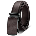 Men's automatic buckle leather belt in brown with rectangular alloy buckle on a neutral background