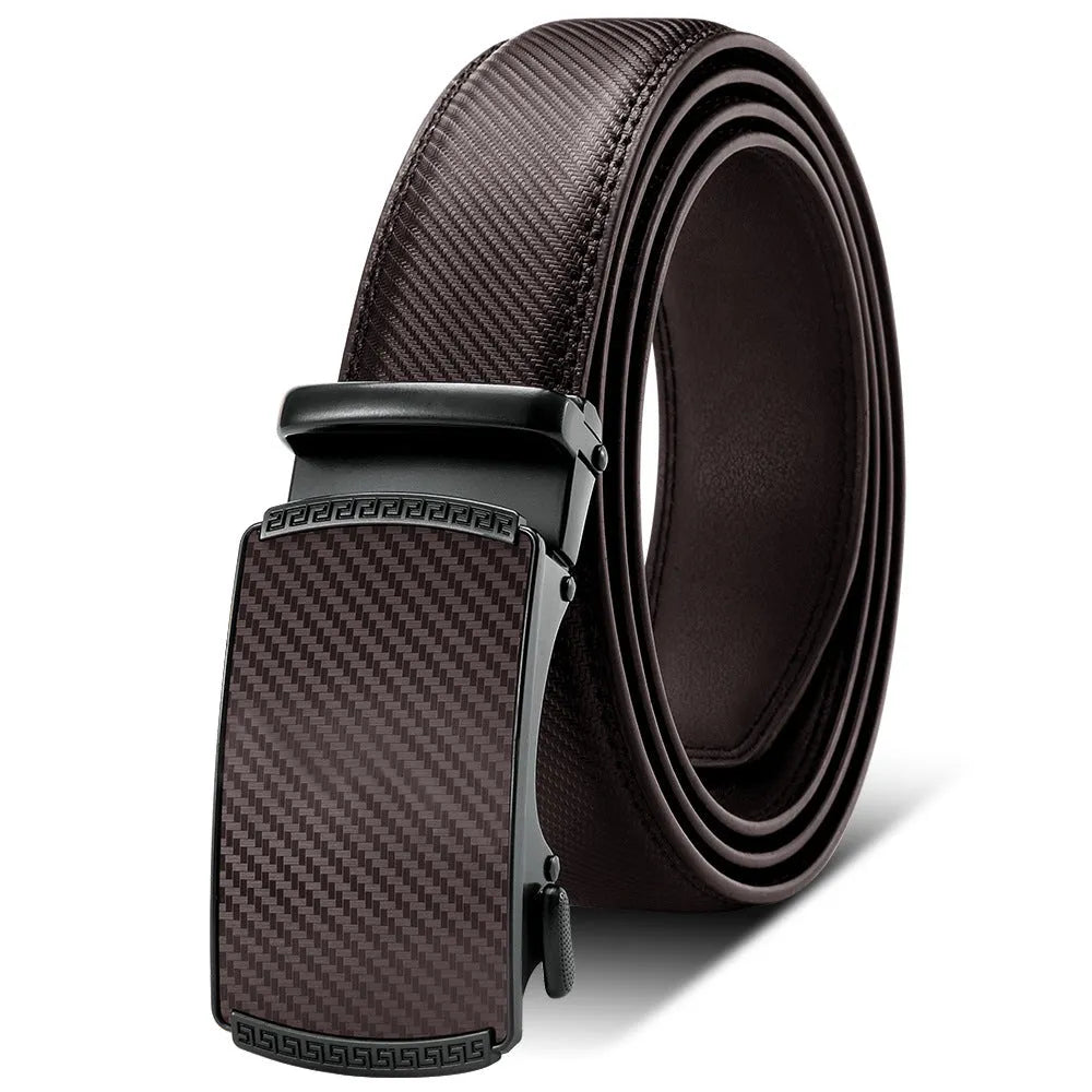 Men's automatic buckle leather belt in brown with rectangular alloy buckle on a neutral background