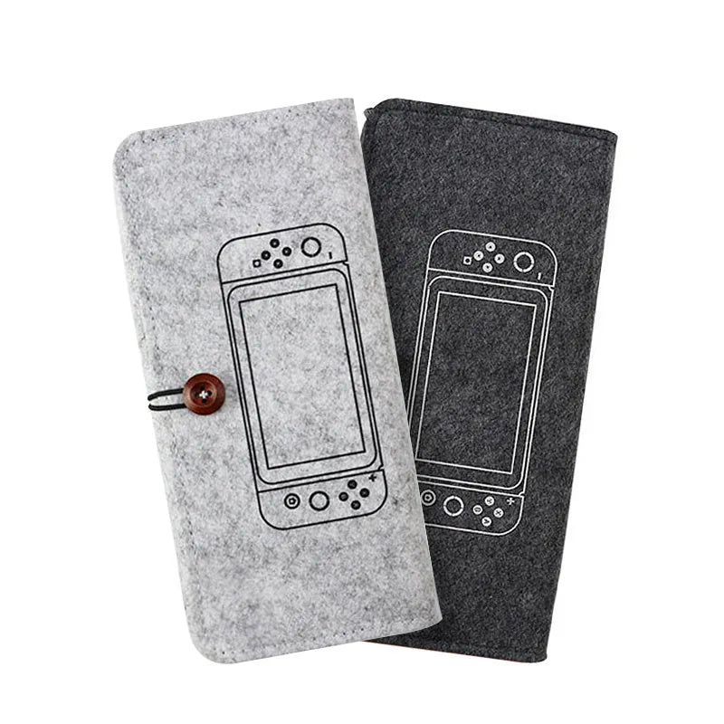 Black felt pouch case for Nintendo Switch showing game card slots and double layer storage compartments