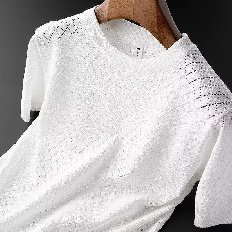 Men's ice silk Korean style short sleeve T-shirt available in white or black with V-neck or round neck options.