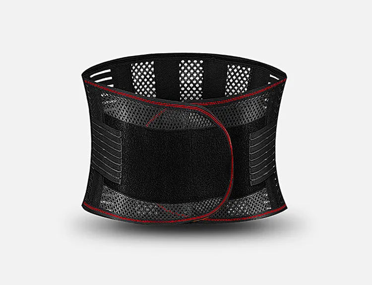 Black breathable sports waist support with internal steel plate for lumbar decompression during fitness and running.