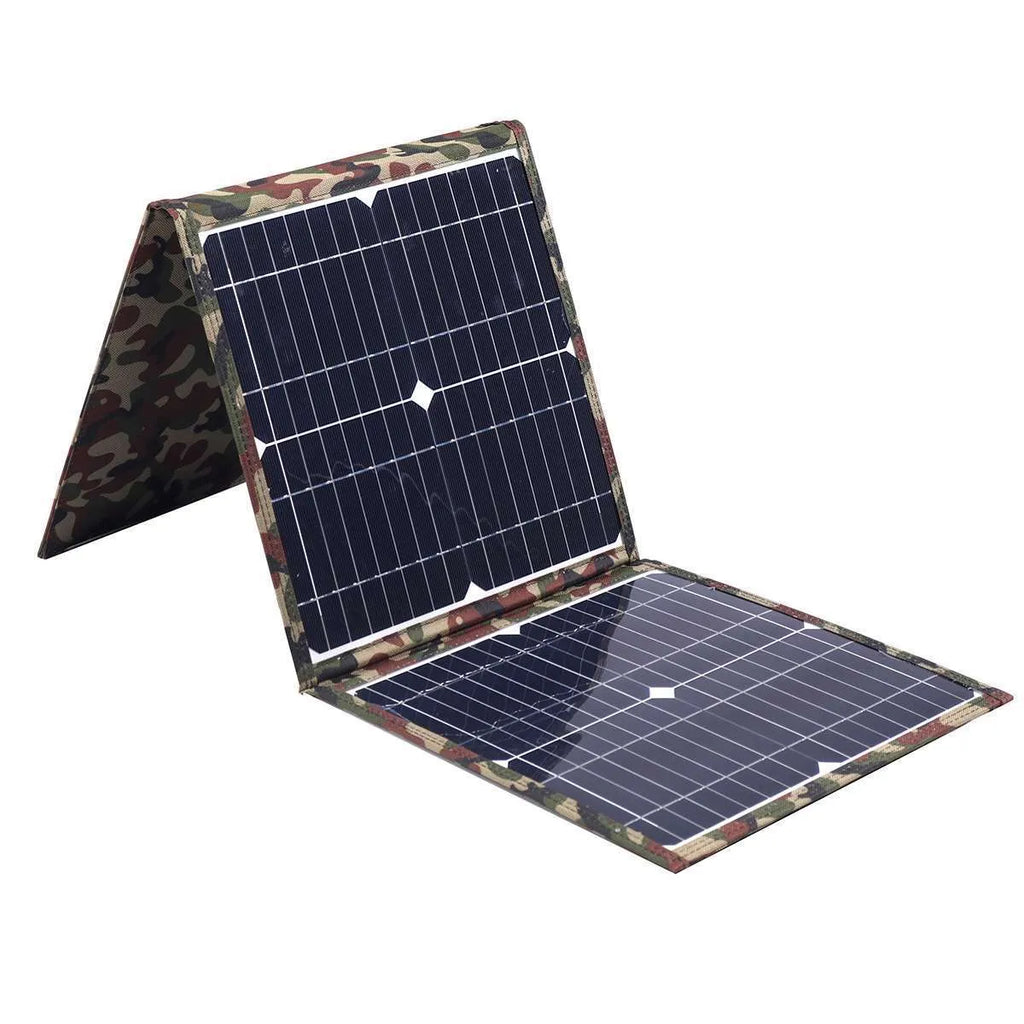 Black foldable 36W solar panel unfolded showing three monocrystalline silicon cells