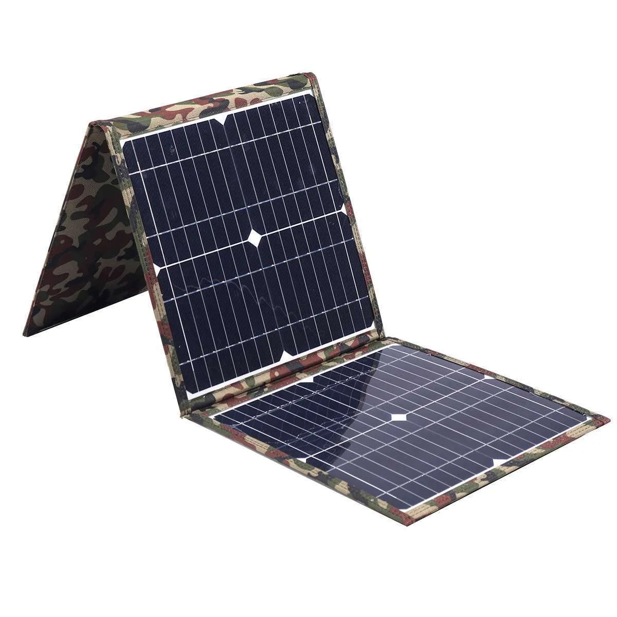 Black foldable 36W solar panel unfolded showing three monocrystalline silicon cells